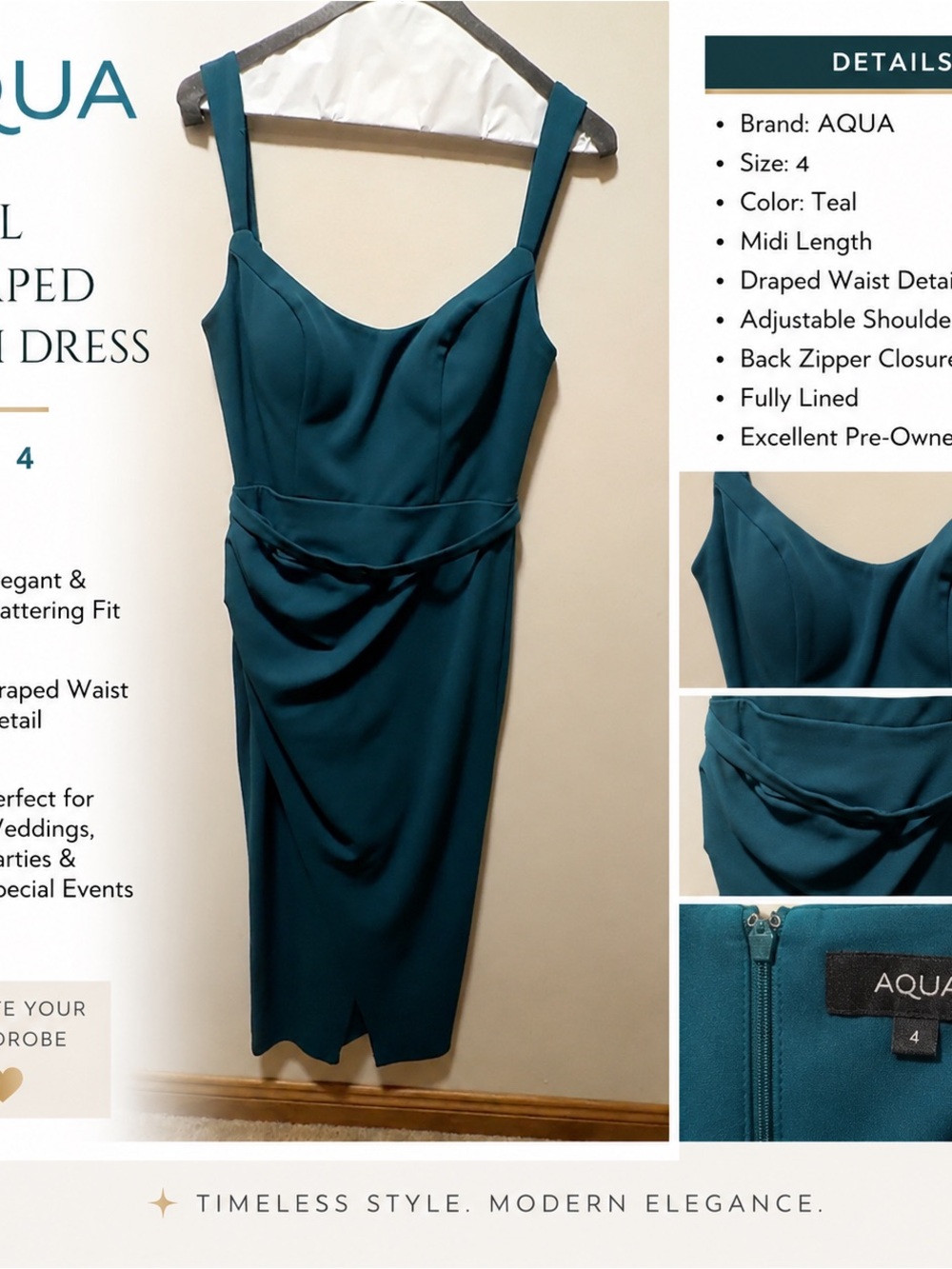 Aqua Teal Sleeveless Draped-Waist Midi Dress